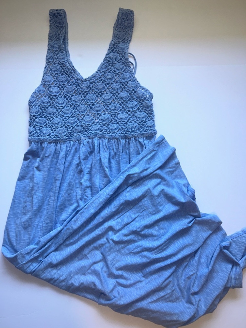 aerie Light Blue Crochet Bodice Beachy, Boho Maxi Dress, size XL